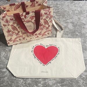 Bundle Sezane Cream Tote Bag with Red Heart and gift pouch